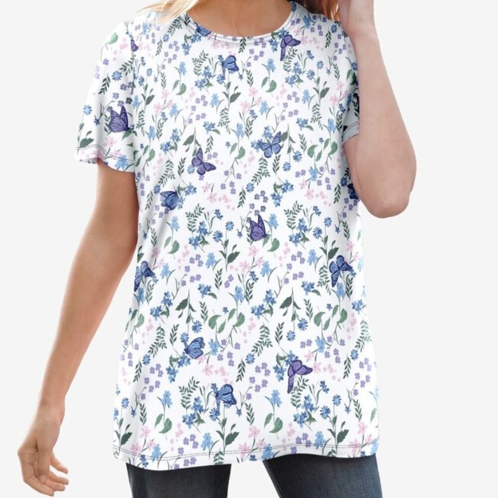 New 2X (22-24) White Butterfly and Floral Crewneck Short Sleeve Graphic Tee